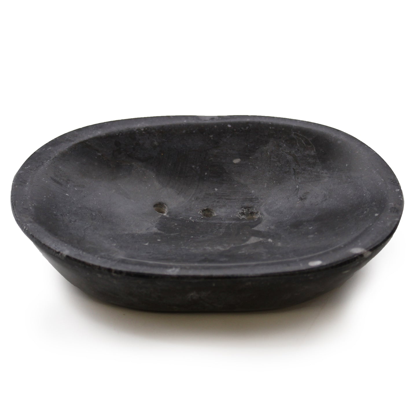 Black oval marble soap dish with 3 drainage holes. View of the top and side.
