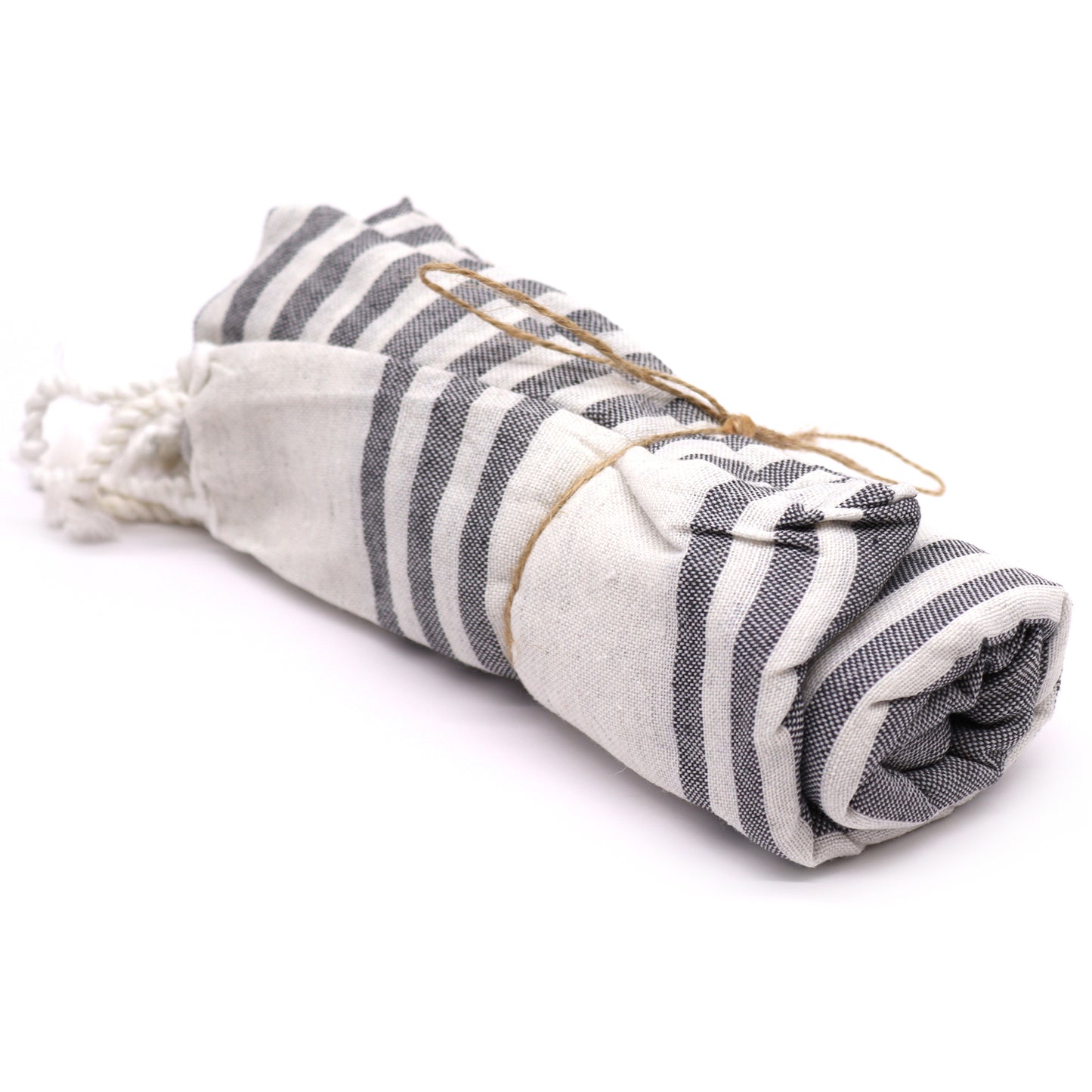 Rolled up Hamman Cotton Towel with a charcoal and neutral stripe. 90x170cm