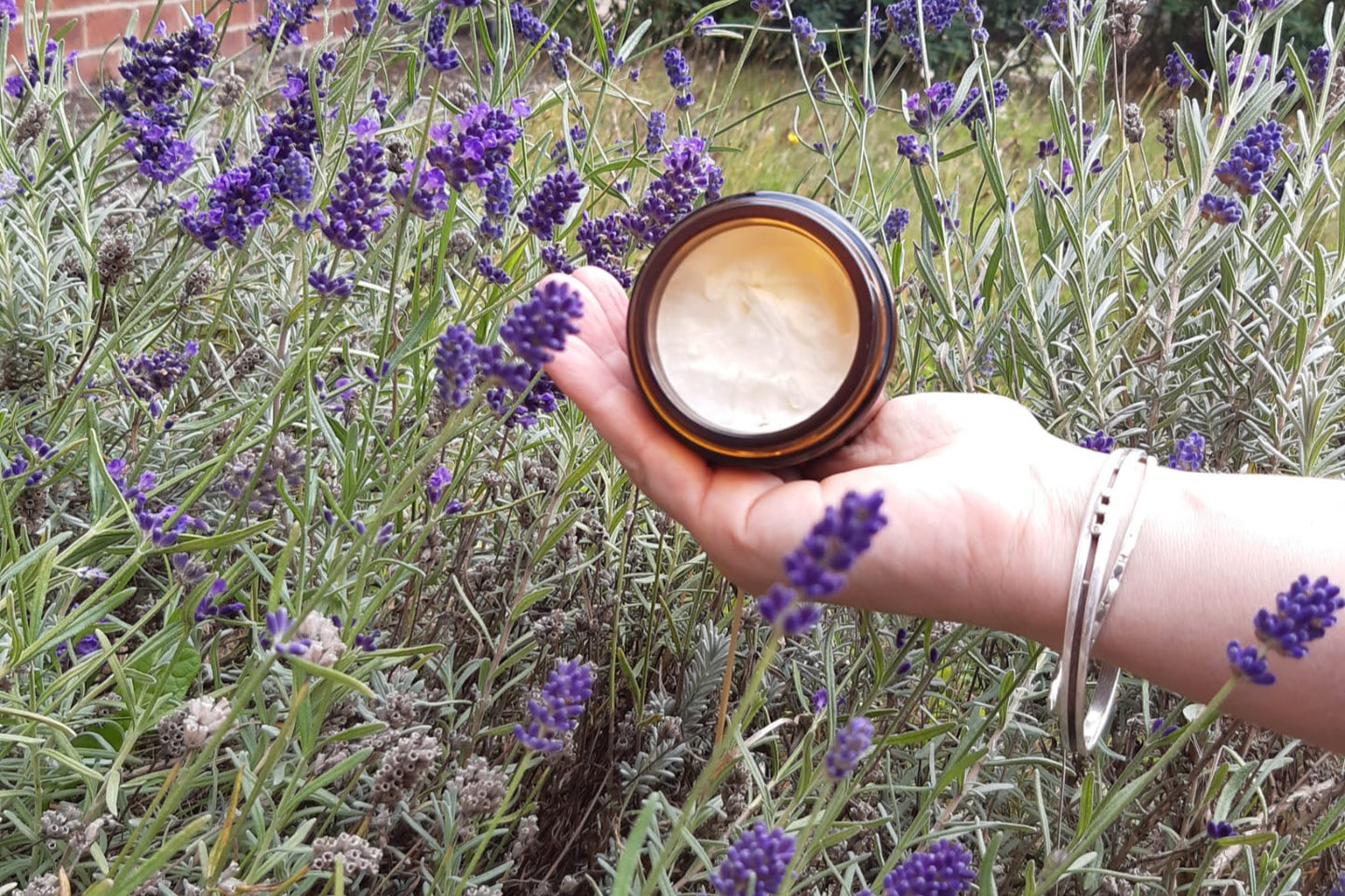 Hand holding a jar of cream in front of lavender plants