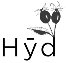 Hyd Botanics logo with rosehip design on a white background.