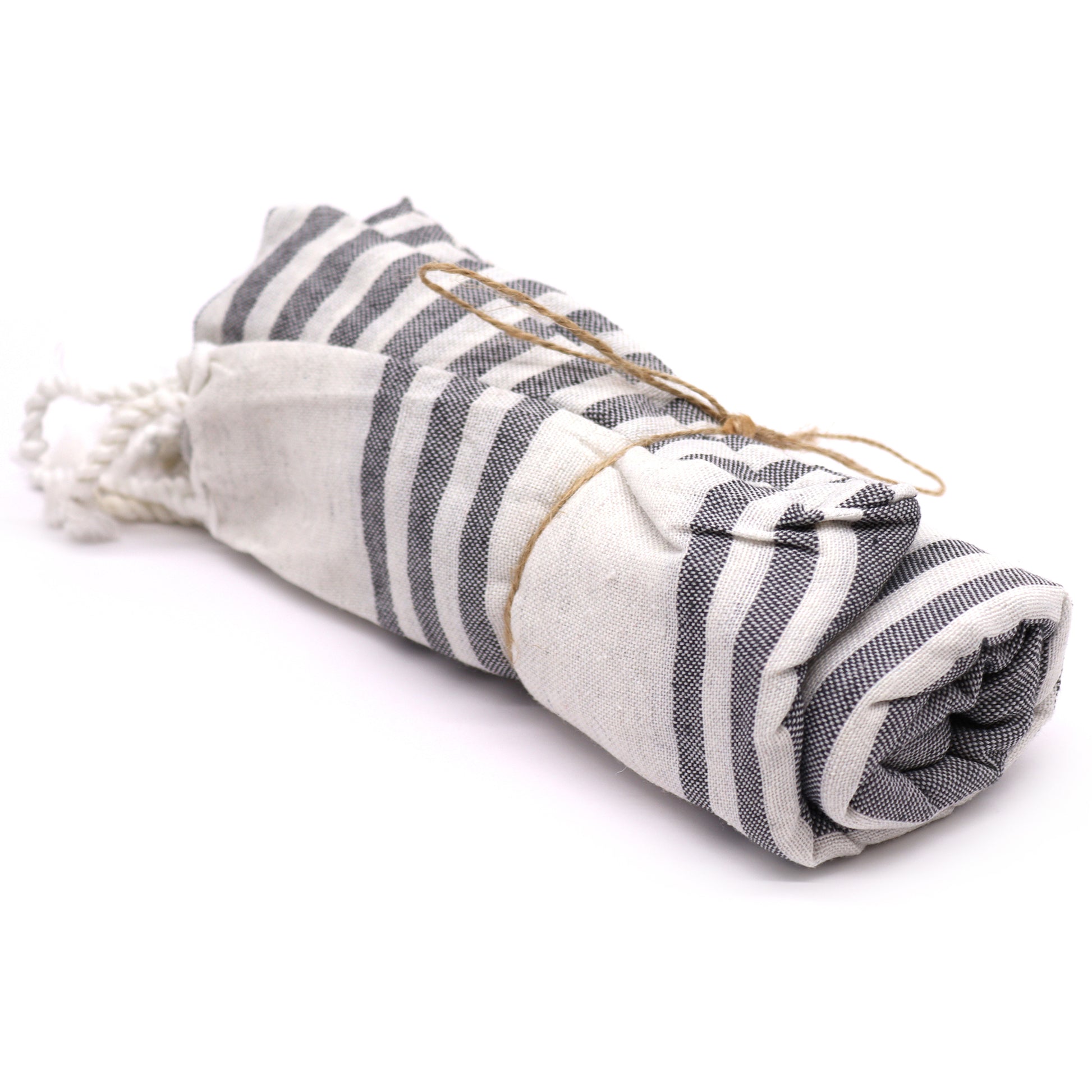 Rolled up Hamman Cotton Towel with a charcoal and neutral stripe.  90x170cm
